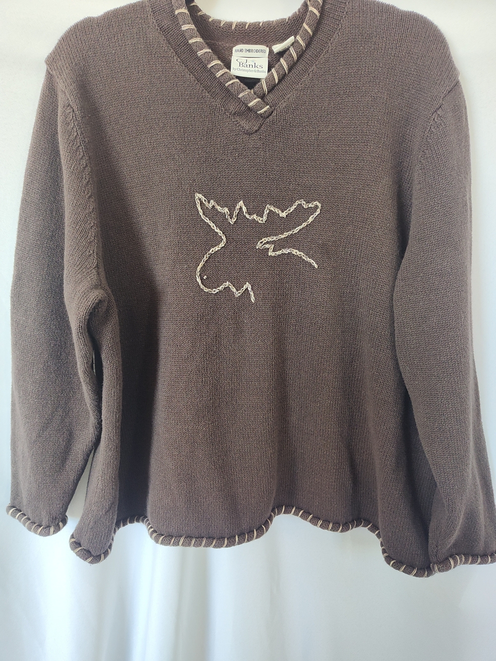 Christopher & Banks Taupe V-Neck Sweater with Cream Moose Outline
